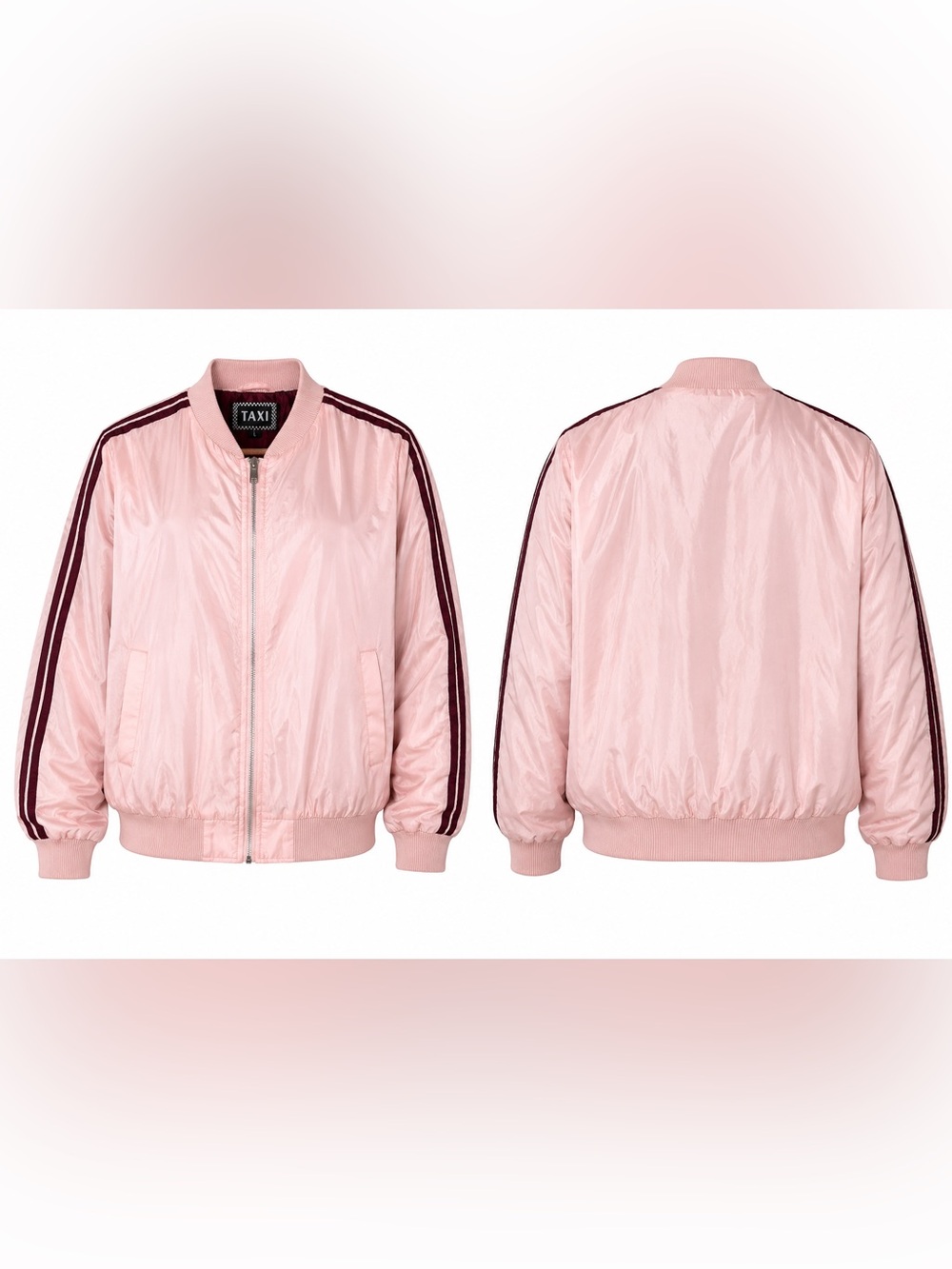 TAXI Pink Bomber Jacket Burgundy Stripe Zip Front Lightweight Size Large